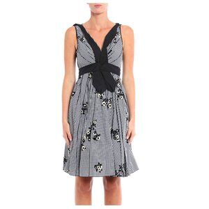 Marc Jacobs Floral Gingham Gathered V-Neck Dress, Black & White, Womens Size 12